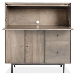 Modern Grey Office Armoire with Flip-Up Lid and Industrial Metal Base