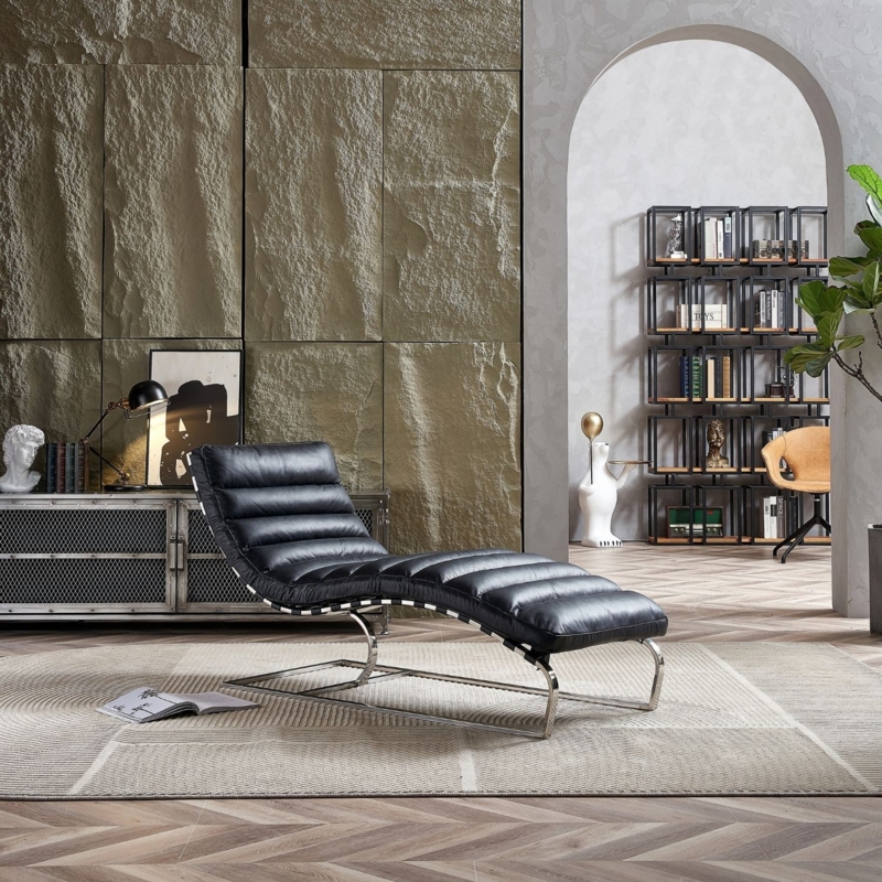 Modern Industrial Cantilevered Chrome Base Chaise Lounge with Ribbing