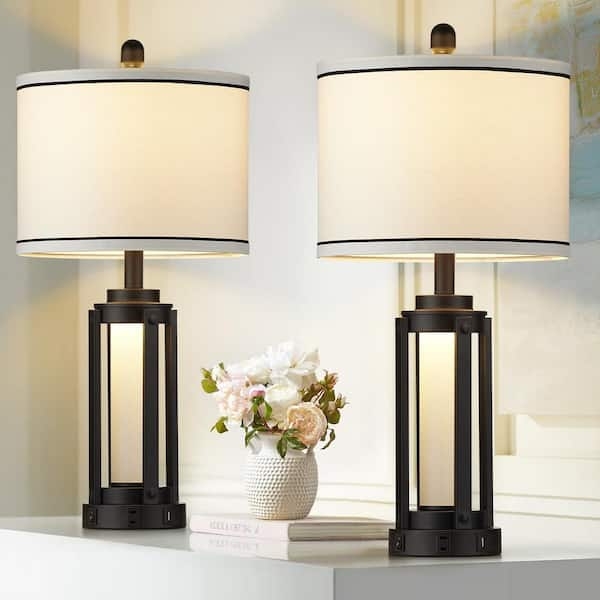 Modern Industrial Matte Black Cage Base Lamp Set with USB Ports
