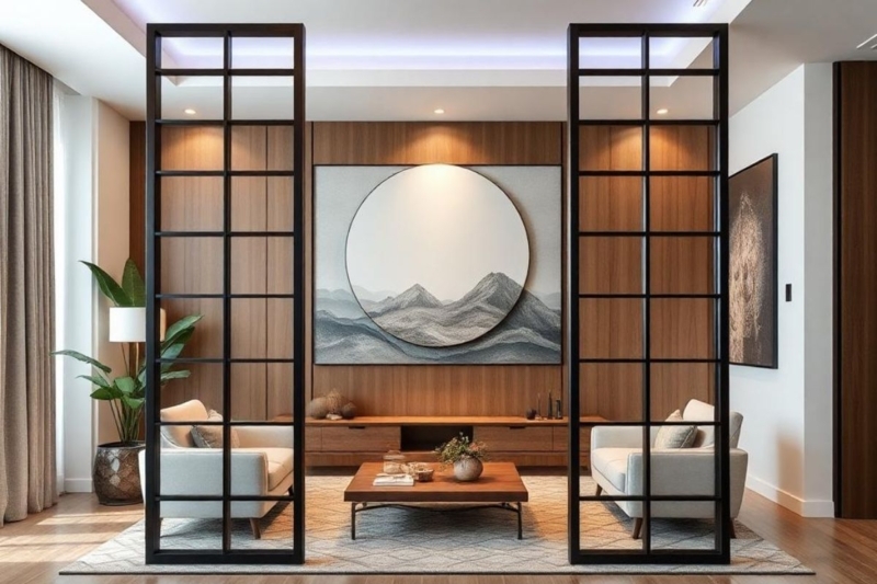 Modern Japandi Room Divider with Black Grid Frame Design