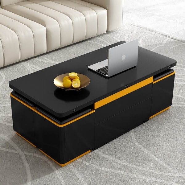 Modern Minimalist Lift-Top Coffee Table in Matte Black and Yellow