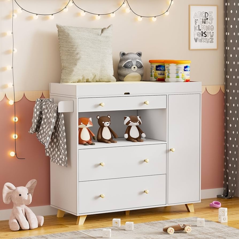 Modern Nursery Dresser: Splayed Legs, Gold Knobs, Side Towel Rail.