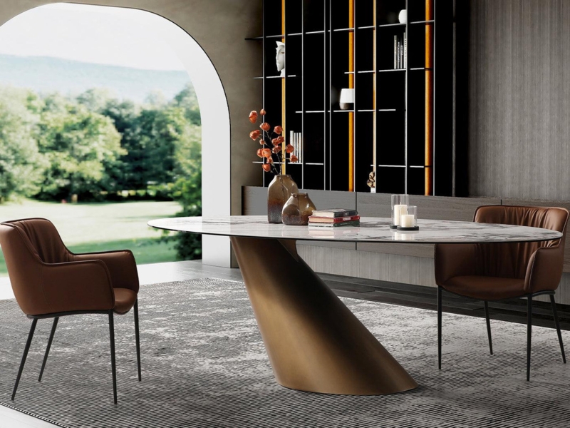 Modern Oval Dining Table with Angled Pedestal Base