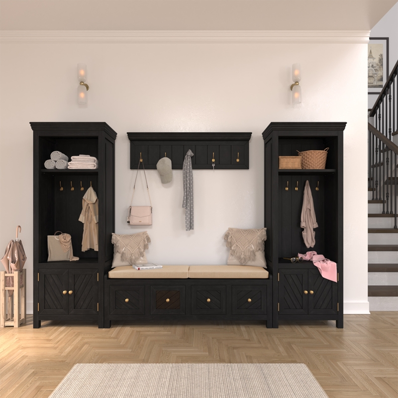 Modern Style Black Entryway Solid Wood Hall Tree with Storage Bench Set