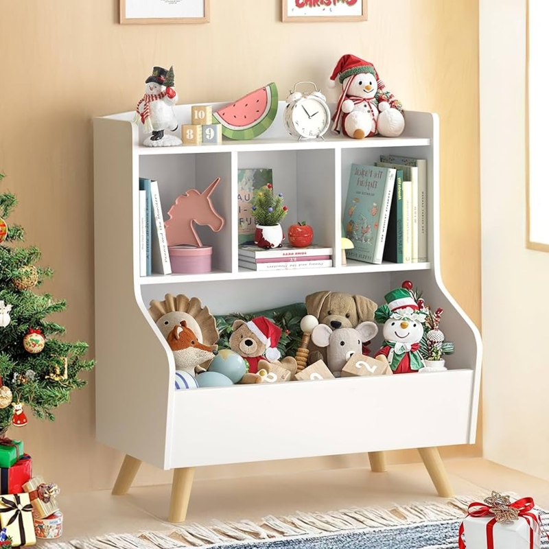 Modern Toy Storage Organizer with Tapered Legs and Bottom Bin