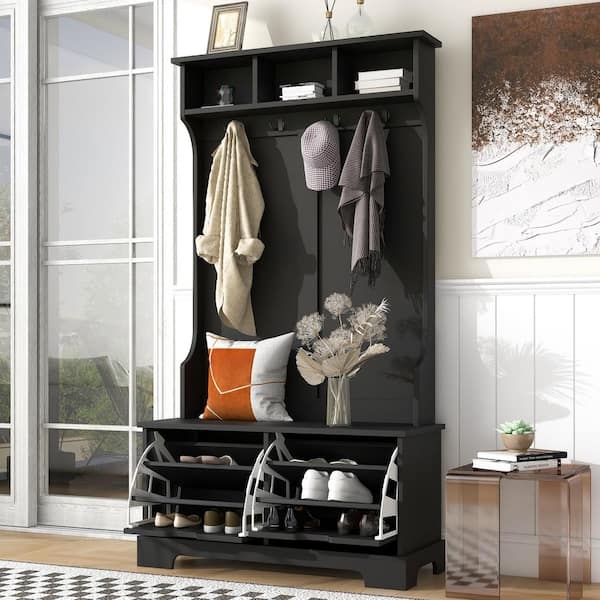 Modern Transitional Hall Tree with Flip Shoe Drawers and Curved Sides