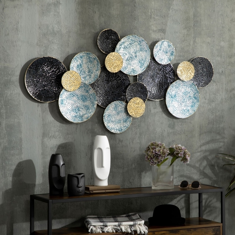 Modern Wall Sculpture Blue Gold Hammered Texture Overlapping
