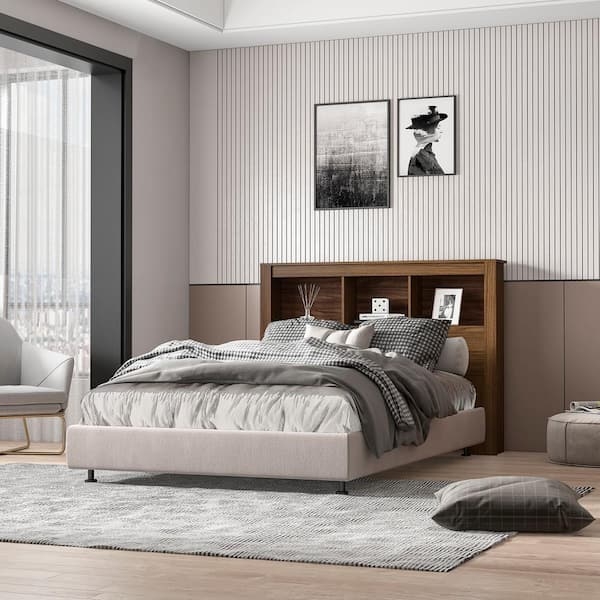 Modern Walnut Bookcase Headboard with Integrated Cubby Storage