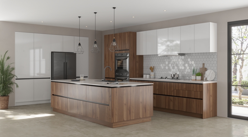 Modern Walnut Cabinetry Set Two Tone Hexagonal Backsplash