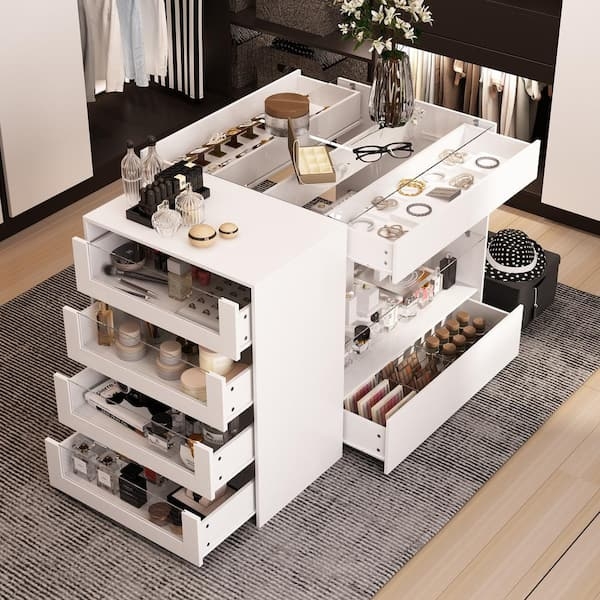 Modern White Jewelry Island Armoire with Clear Front Drawers