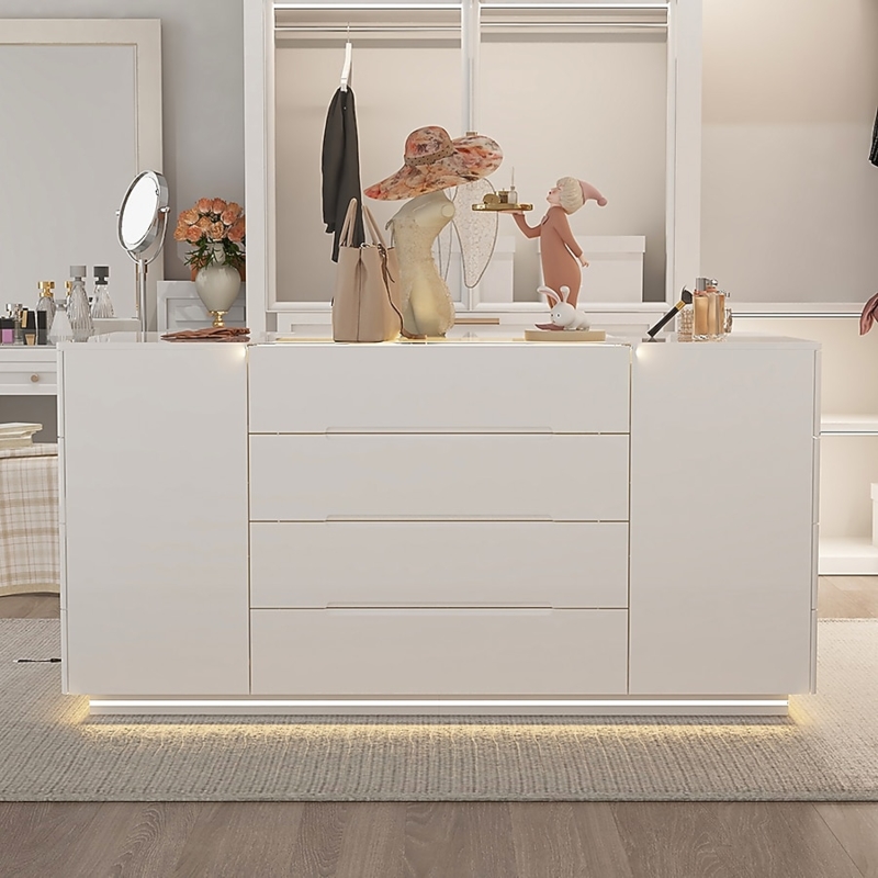 Modern White Jewelry Island Armoire with Glass Top and LED Lighting
