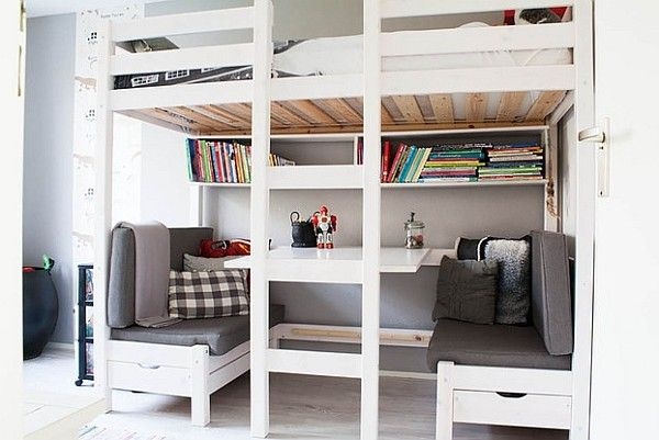 Modern White Loft Bed with Central Desk and Dual Seating Benches