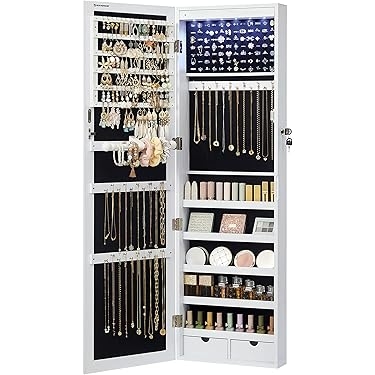 Modern White Wall Mounted Jewelry Armoire with Blue LED Lighting