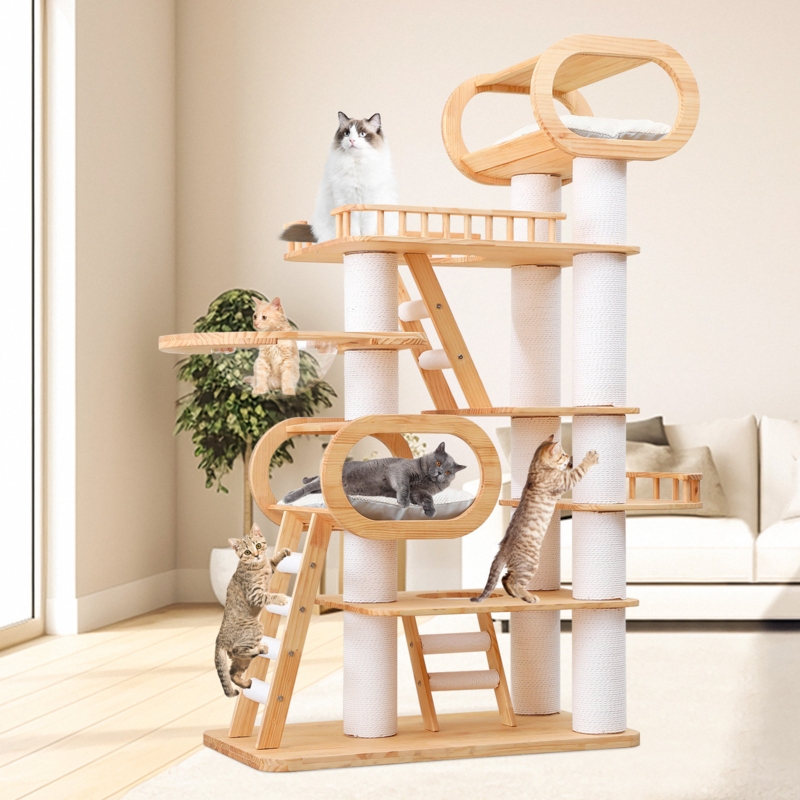 Modern Wood Cat Tree with Oval Cubbies & Transparent Perch