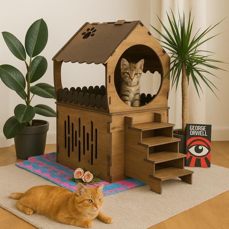 Modern Wooden Cat Playhouse with Integral Staircase and Walnut Finish