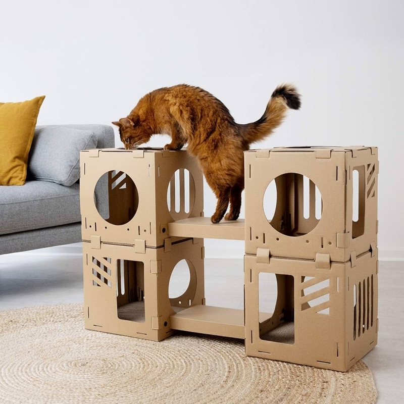 Modular Cardboard Cat Condo with Bridge Platform and Tab Assembly