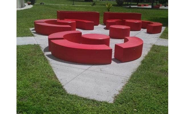 Modular Concrete Bench Curved Backless Vibrant Red Park Seating
