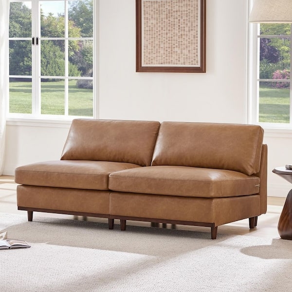 Modular Sectional, Armless Brown Leather Sofa, Feather Filled
