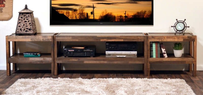 Modular TV Stand Console in Spice Brown Finish with Block Legs