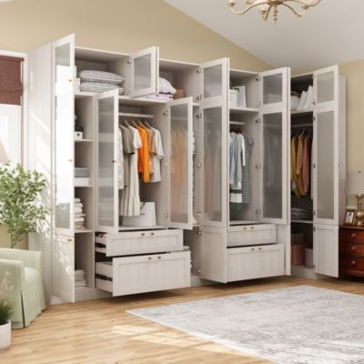 Modular Wardrobe Armoire with Tempered Glass Doors and Pull-Out Drawers.