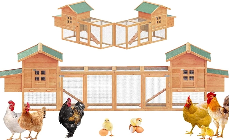 Modular Wooden Chicken Coop with Dual Hutch Design and Green Roof