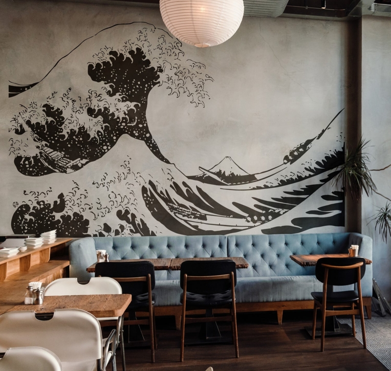 Monochromatic Hokusai Wave Wall Mural, Oversized Art