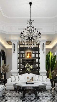 Monochrome Living Room Set Tiered Crystal Chandelier Patterned Floor