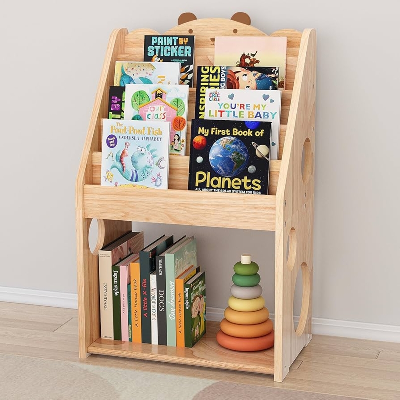 Montessori Bookshelf with Bear Ear Accents and Natural Wood Finish