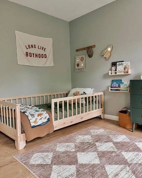 Montessori Floor Bed Frame, Natural Wood Finish with Slatted Rails