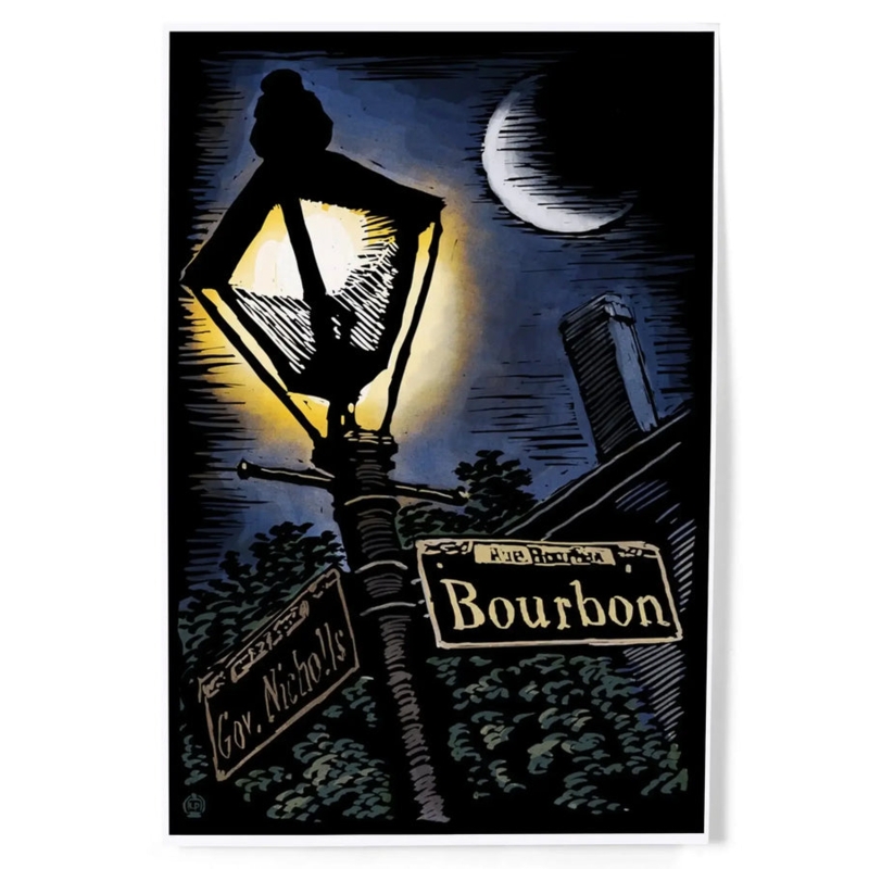 Moody Scratchboard Wall Art of Bourbon Street Lamp Post