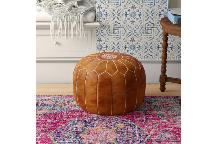 Moroccan Style Pouf Ottoman featuring Paneled Sides and White Stitching