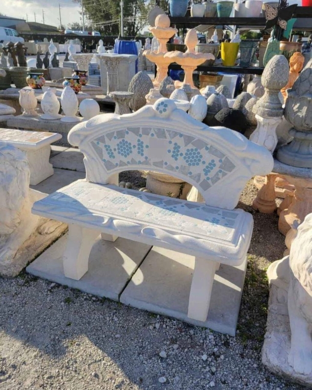 Mosaic Concrete Bench Aqua Blue Inlay Scalloped Back Ornate