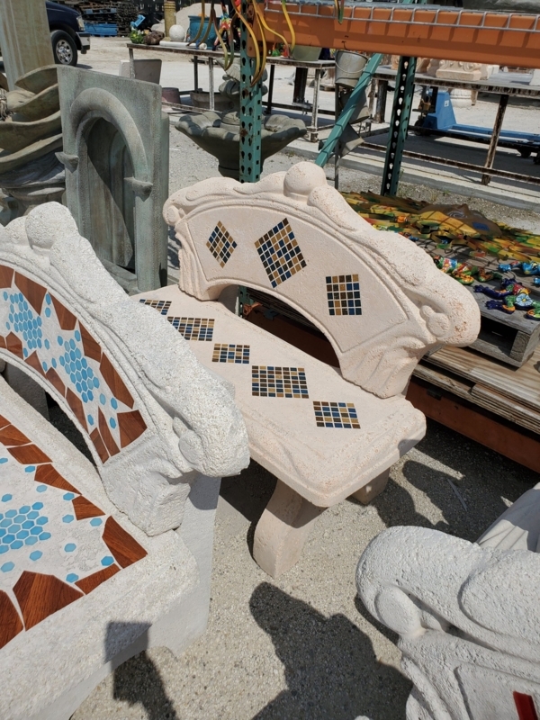 Mosaic Garden Bench Cast Stone Diamond Pattern Scalloped Back