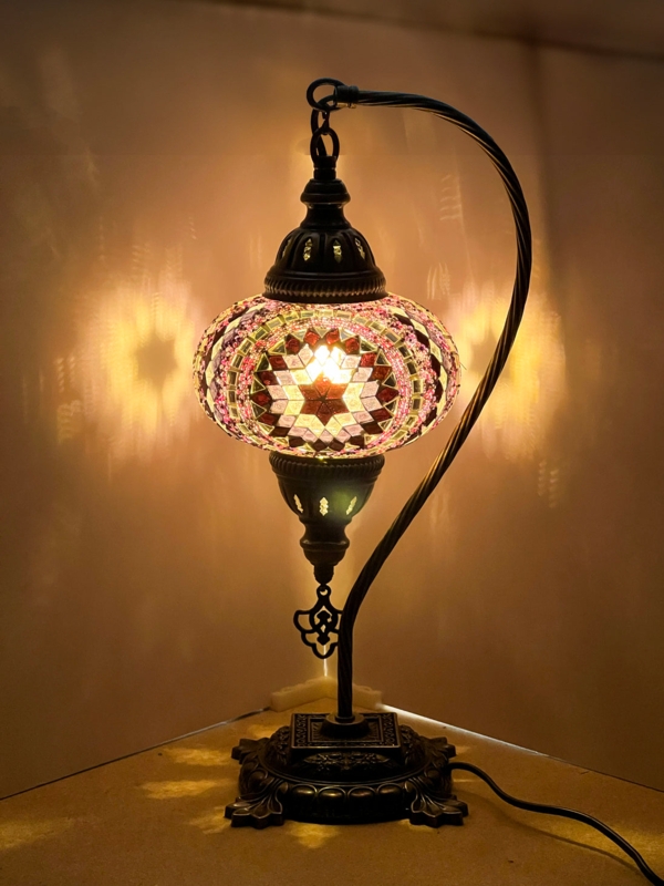 Mosaic Table Lamp: Swan Neck Rose Pink Star Pattern Turkish Style
