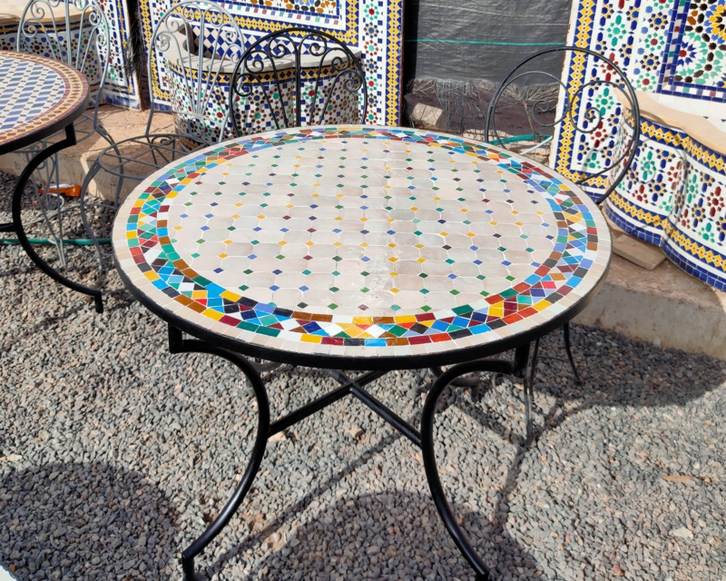 Mosaic Table Moroccan Style Geometric Border Black Curved Base