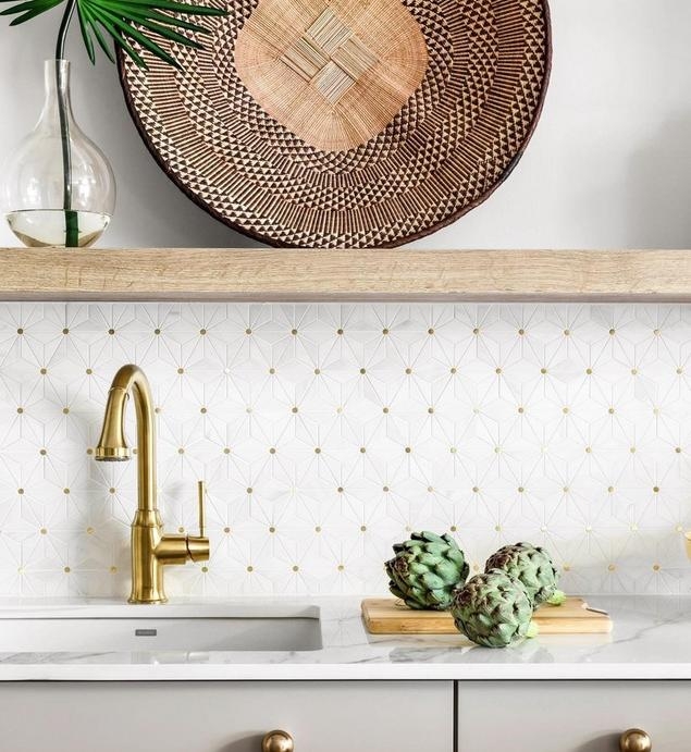 Mosaic Tile Geometric Kitchen Mosaic Gold Dot Inlays Brushed Gold Faucet