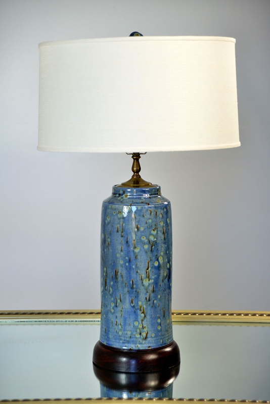 Mottled Blue Tea Jar Table Lamp, Wooden Pedestal