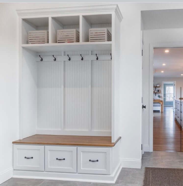 Mudroom Hall Tree: Three Section Storage with Recessed Panel Drawers
