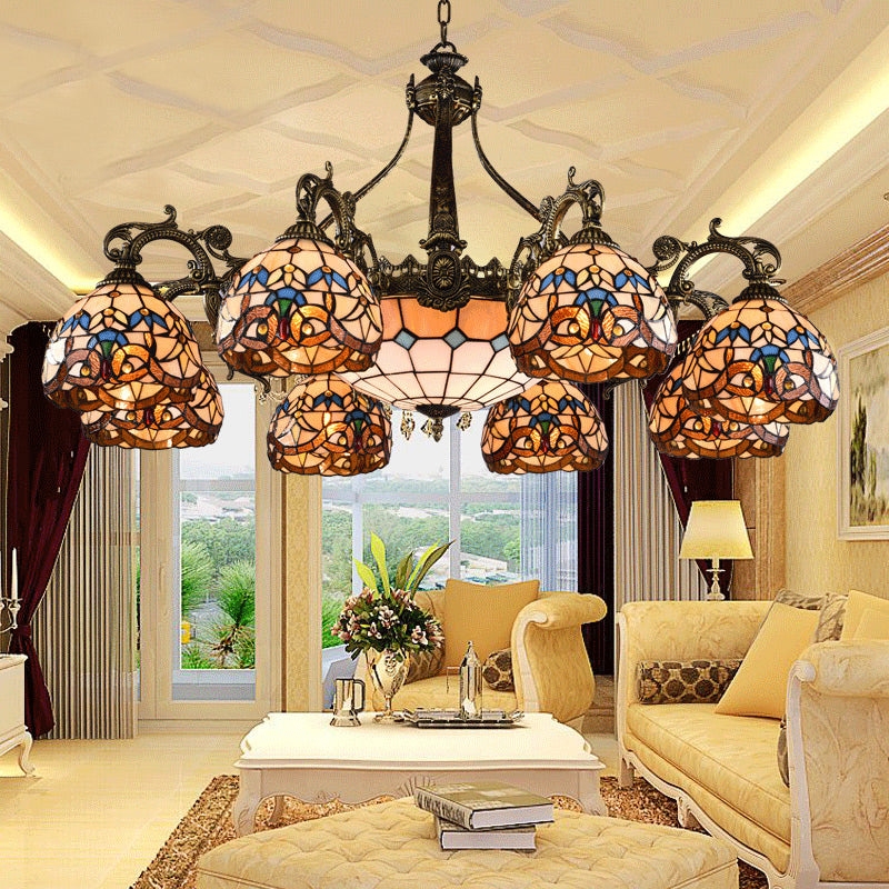 Multi-Arm Floral Glass Light Chandelier with Aged Aluminum Treatment