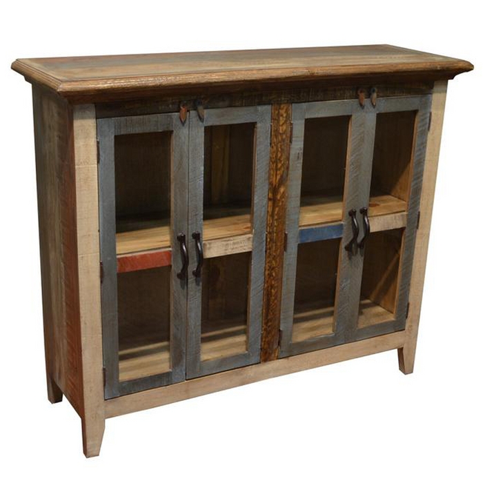 Multi Color Curio Cabinet with Four Doors and Leather Pull Tabs