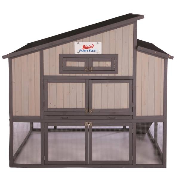 Multi-Level Backyard Coop with Slanted Shed Roof and Charcoal Trim
