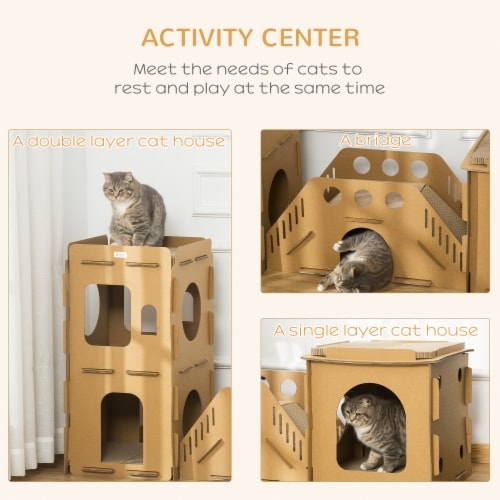 Multi-Level Cardboard Cat Tower with Integrated Scratching Bridge