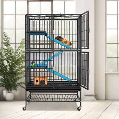 Multi-Level Pet Cage Matte Black with Blue Ramp Covers