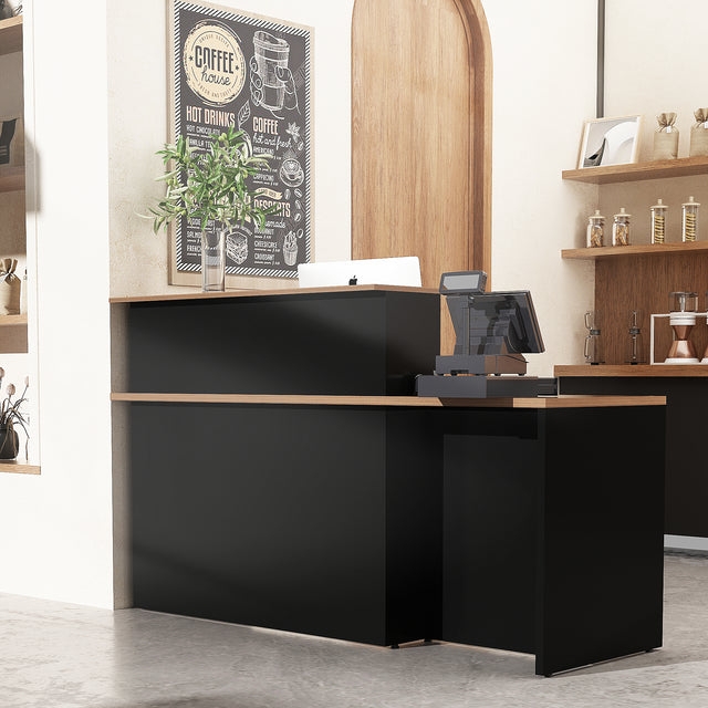 Multi-Level Reception Desk, Matte Black Finish, Light Wood Tone