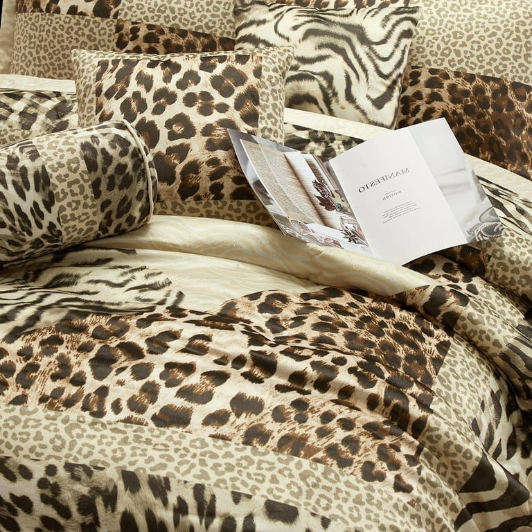 Nanshing Leopard 7 Piece Animal Print Comforter Set, Gold, Queen , Short  Plush Print