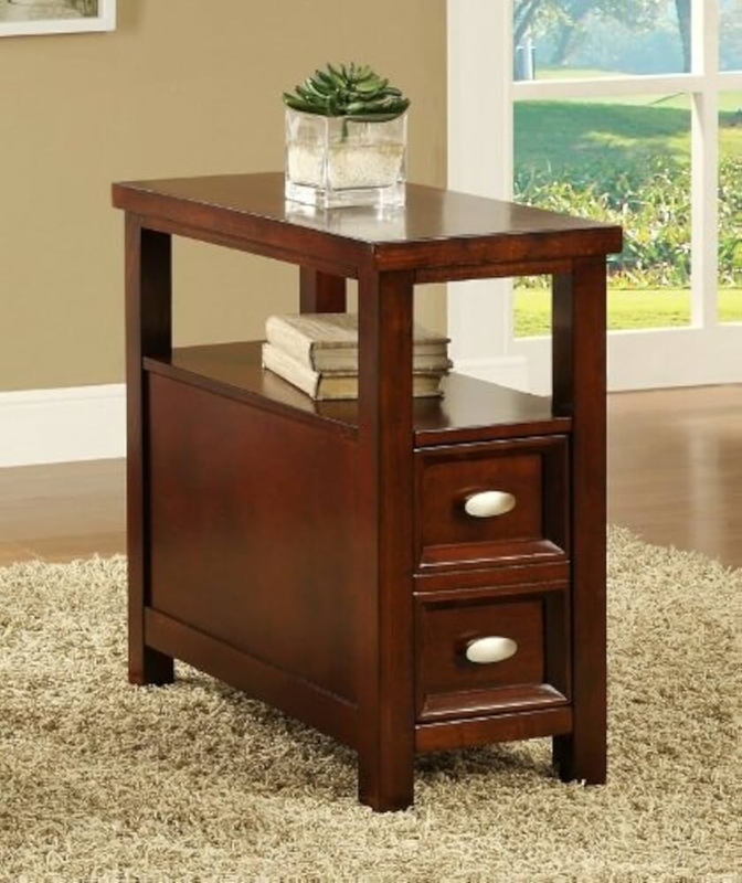 Narrow End Table Two Drawers Cherry Finish Lower Shelf Silver Knobs