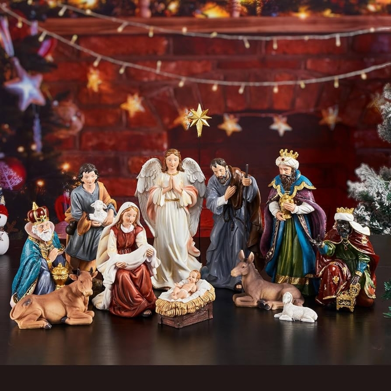 Nativity Set 13 Piece Collection Jewel Toned Metallic Gold Details