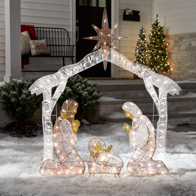 Nativity Set: Dual-tone lighting, glittered accents, lighted arch.