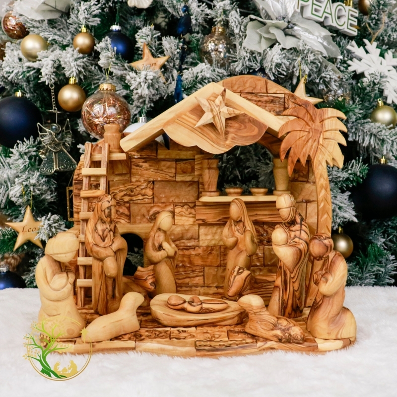 Nativity Set Hand Carved Olive Wood Organic Wood Grain Artisanal