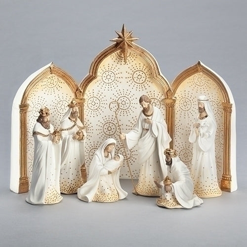 Nativity Set Illuminated Triptych Silhouette Gold Dot Details